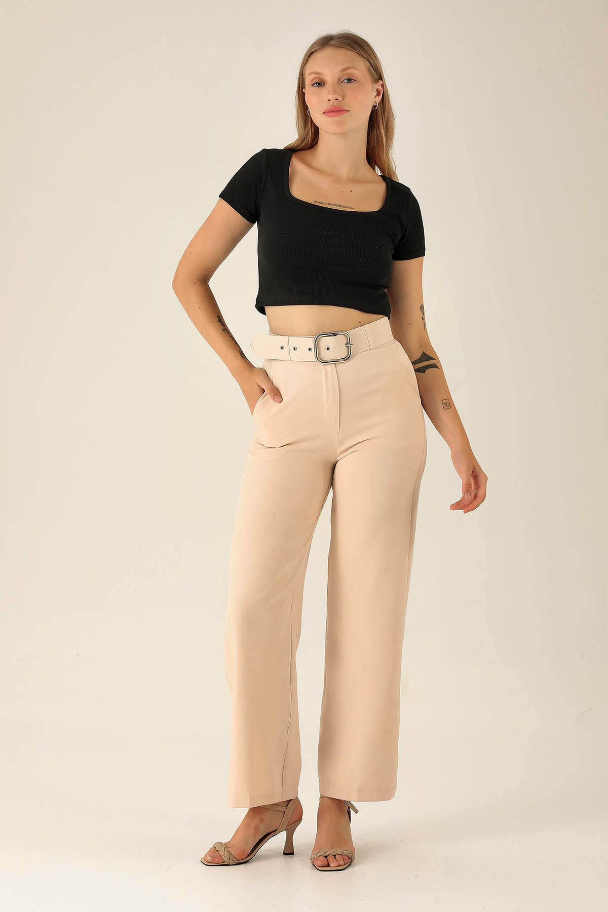 Kalın Bayan Kemer Geniş Paça Bayan Pantolon - 6406A Taş 