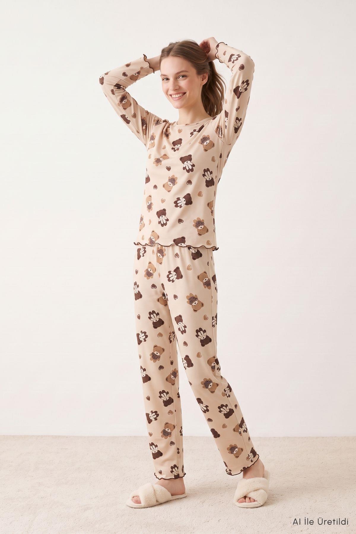 Kalpli Ayıcık Desen Pijama Takımı 2310 Kahve - 1
