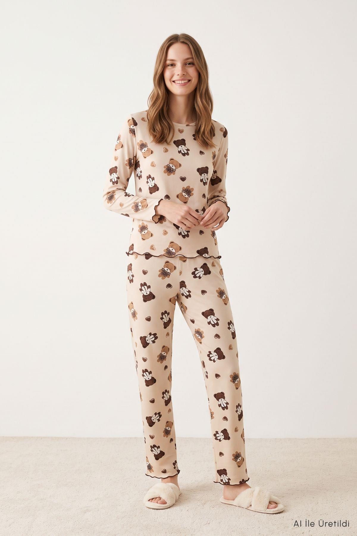 Kalpli Ayıcık Desen Pijama Takımı 2310 Kahve - Rays (1)
