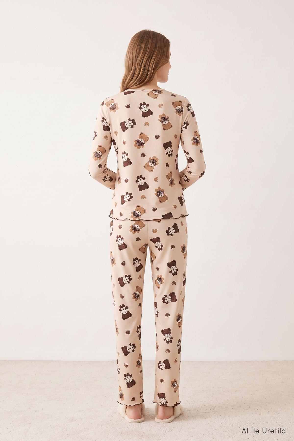 Kalpli Ayıcık Desen Pijama Takımı 2310 Kahve - 3
