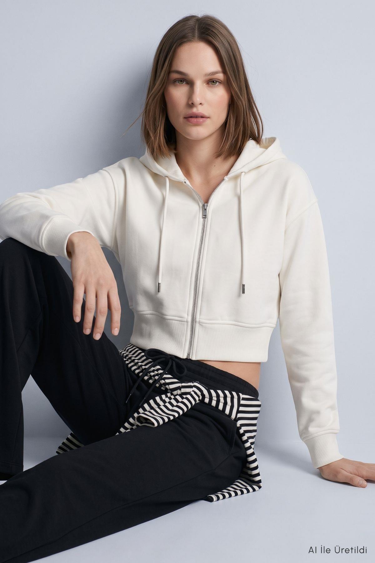 Kapüşonlu Fermuarlı Sweatshirt 953 Ekru - 1