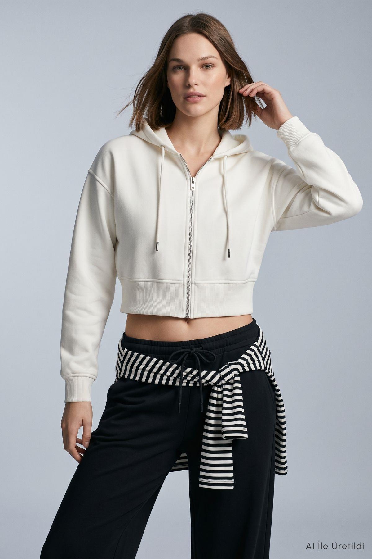 Kapüşonlu Fermuarlı Sweatshirt 953 Ekru - Rays