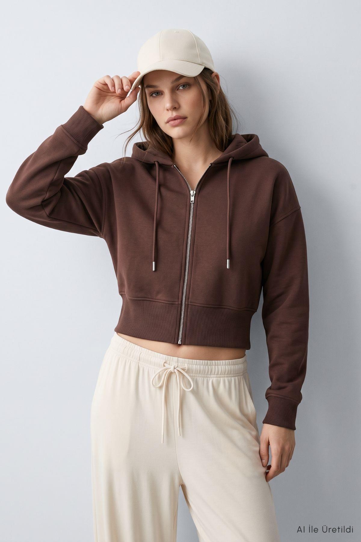 Kapüşonlu Fermuarlı Sweatshirt 953 Kahve - 1