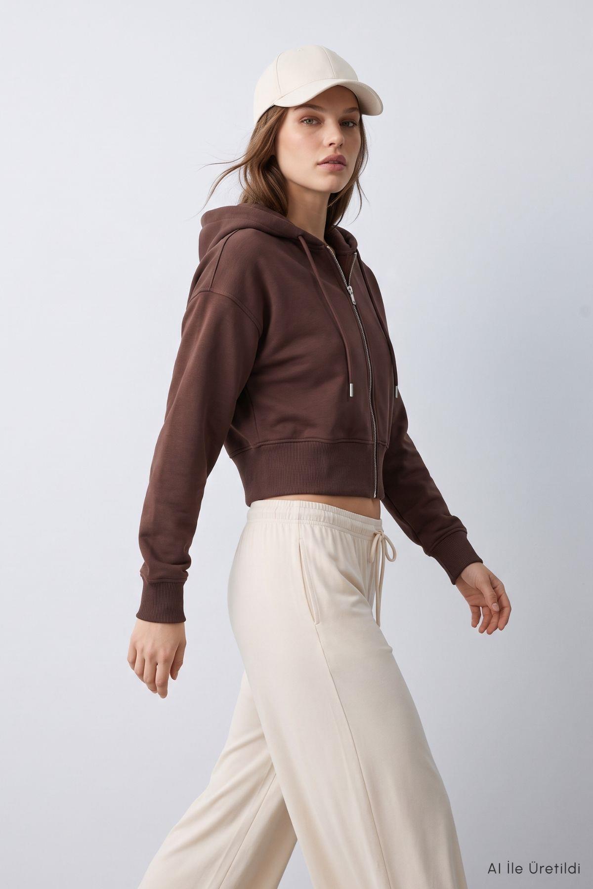 Kapüşonlu Fermuarlı Sweatshirt 953 Kahve - 2