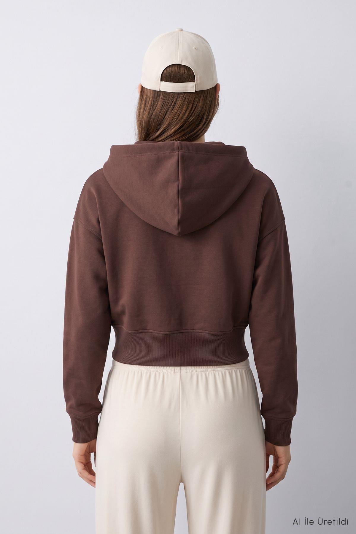 Kapüşonlu Fermuarlı Sweatshirt 953 Kahve - 3
