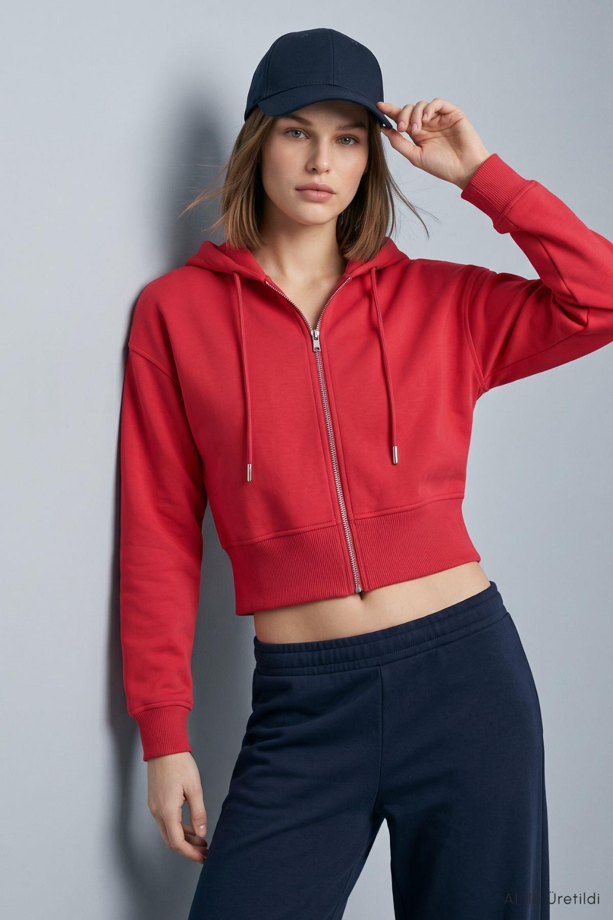 Kapüşonlu Fermuarlı Sweatshirt 953 Kırmızı - Rays