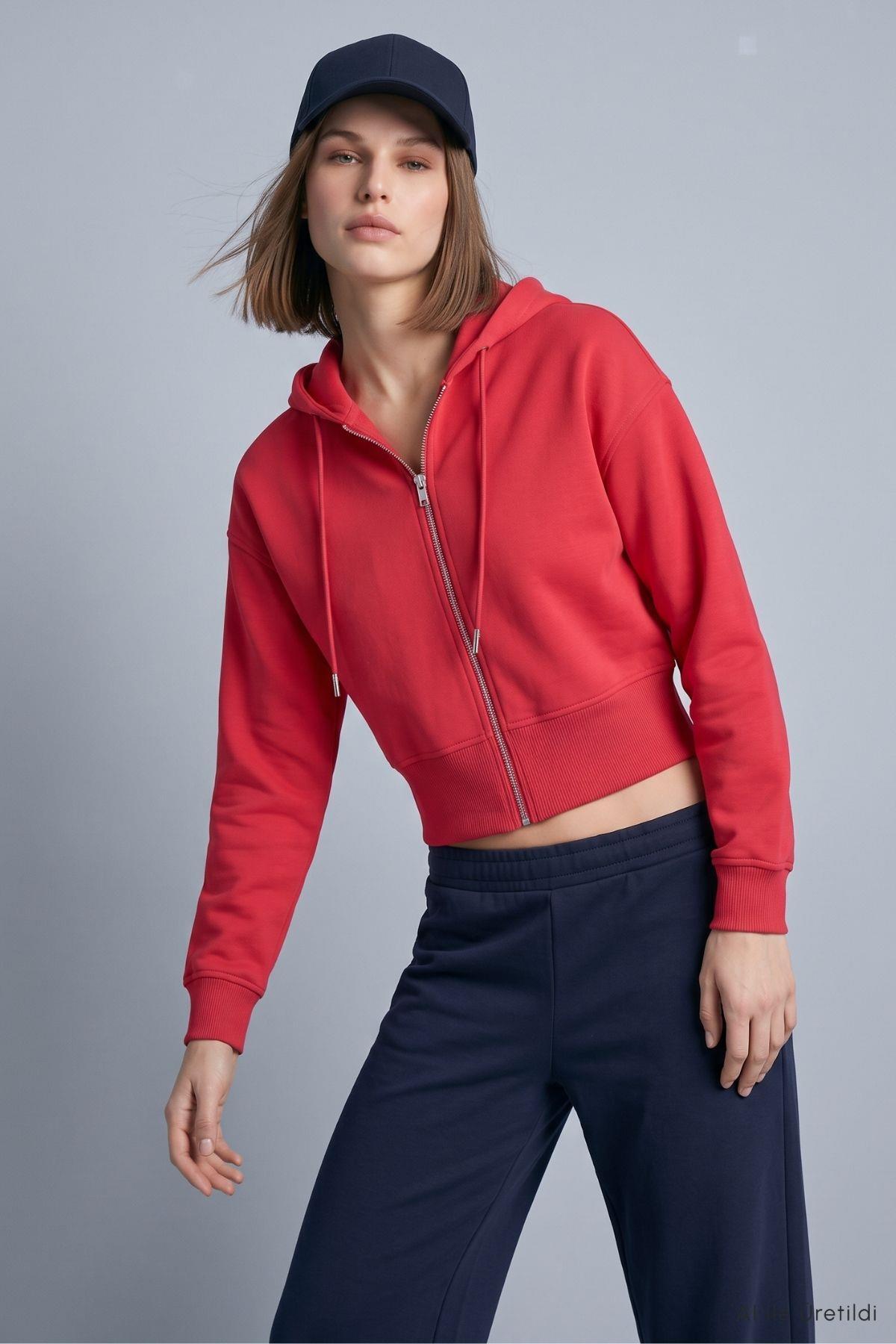 Kapüşonlu Fermuarlı Sweatshirt 953 Kırmızı - Rays