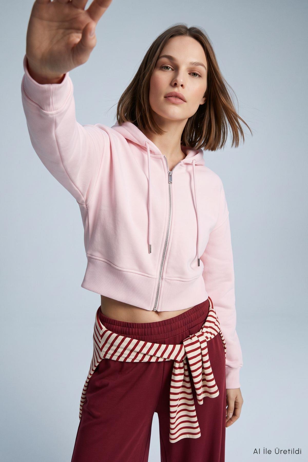 Kapüşonlu Fermuarlı Sweatshirt 953 Pembe - Rays