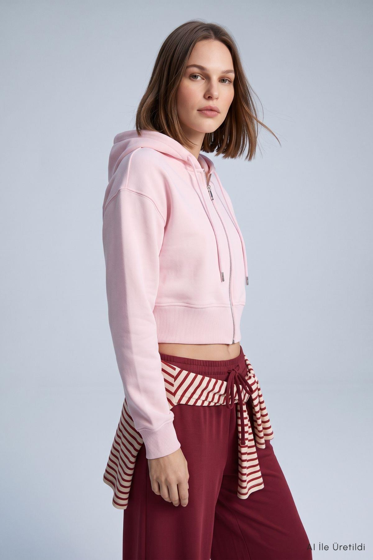 Kapüşonlu Fermuarlı Sweatshirt 953 Pembe - Rays