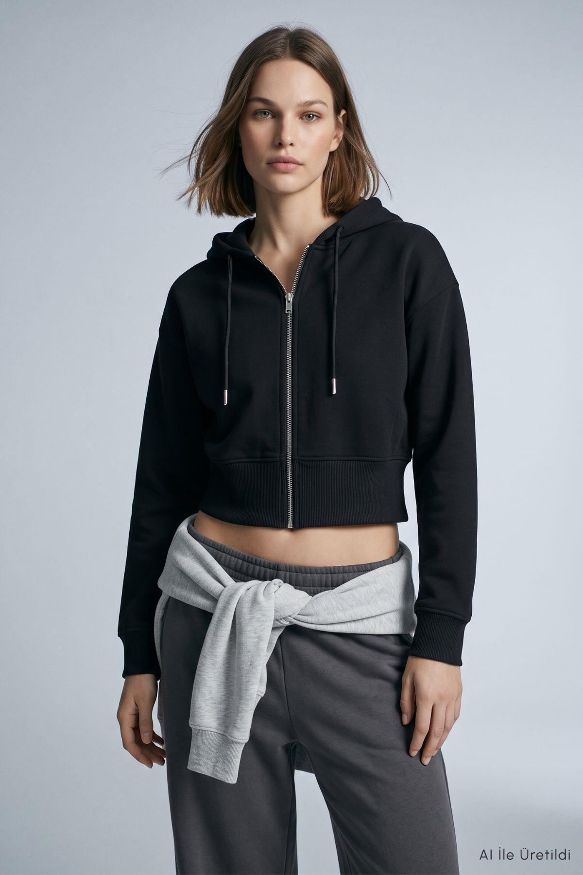 Kapüşonlu Fermuarlı Sweatshirt 953 Siyah - Rays