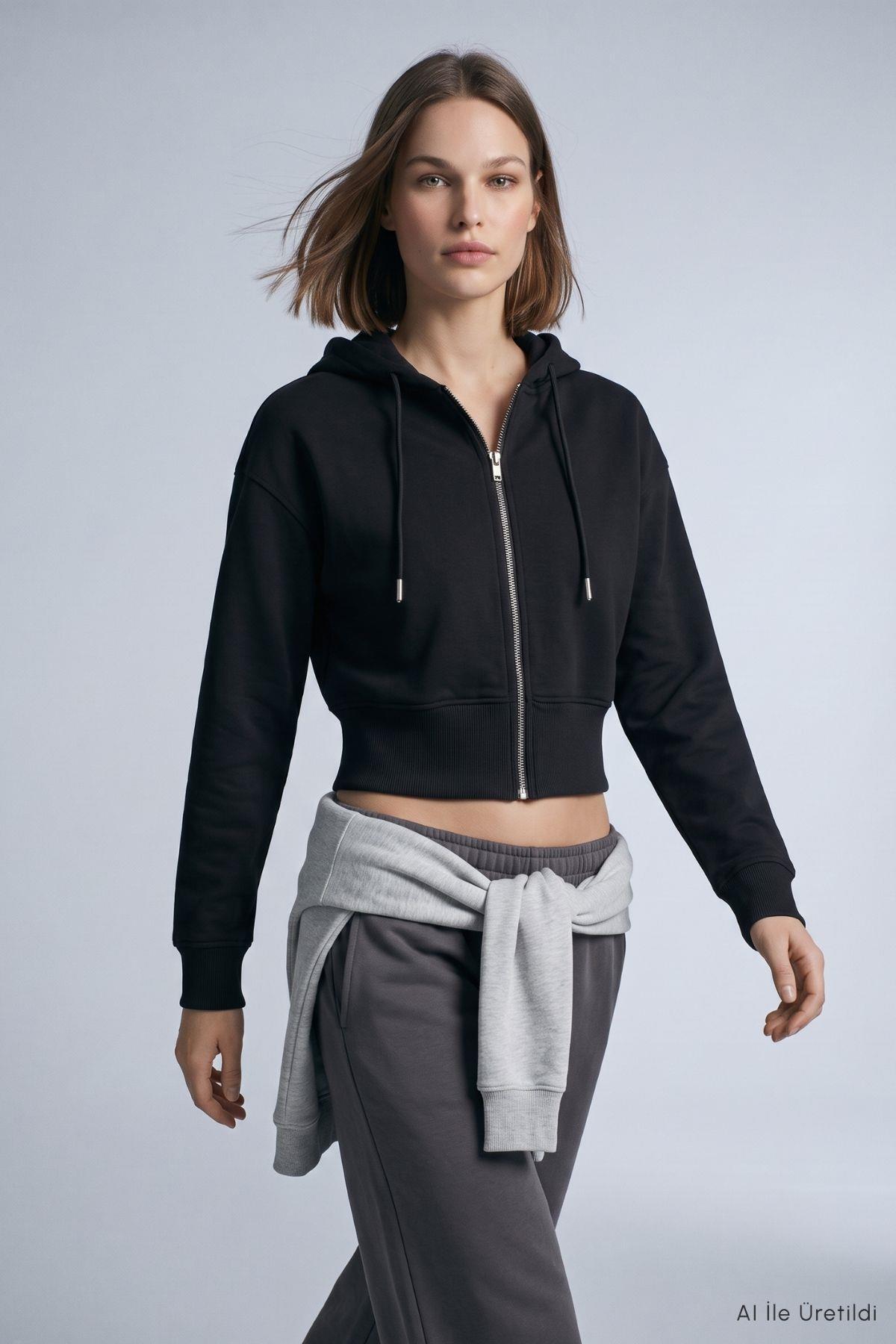 Kapüşonlu Fermuarlı Sweatshirt 953 Siyah - Rays