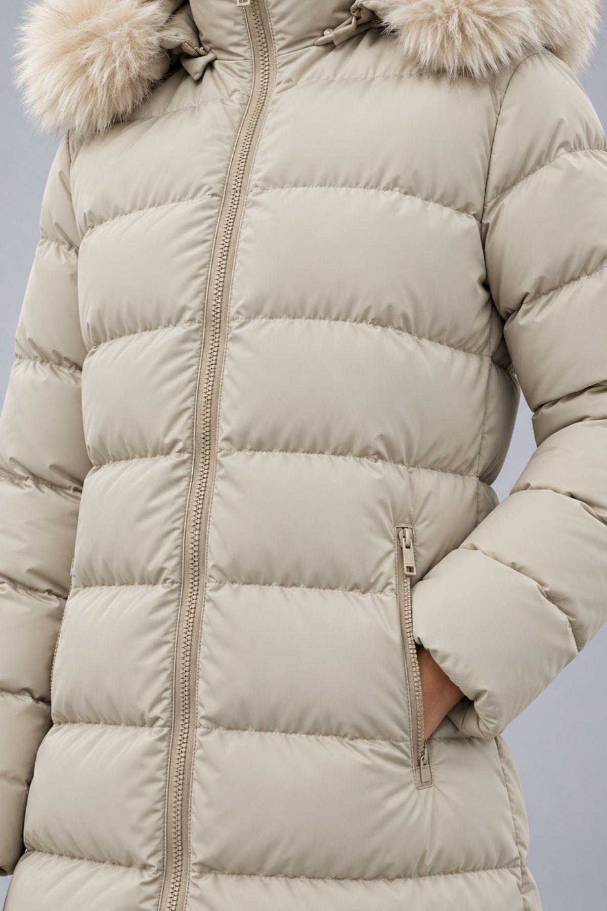 Kapüşonu Peluş Cepli Uzun Şişme Mont 3509 Bej - 4