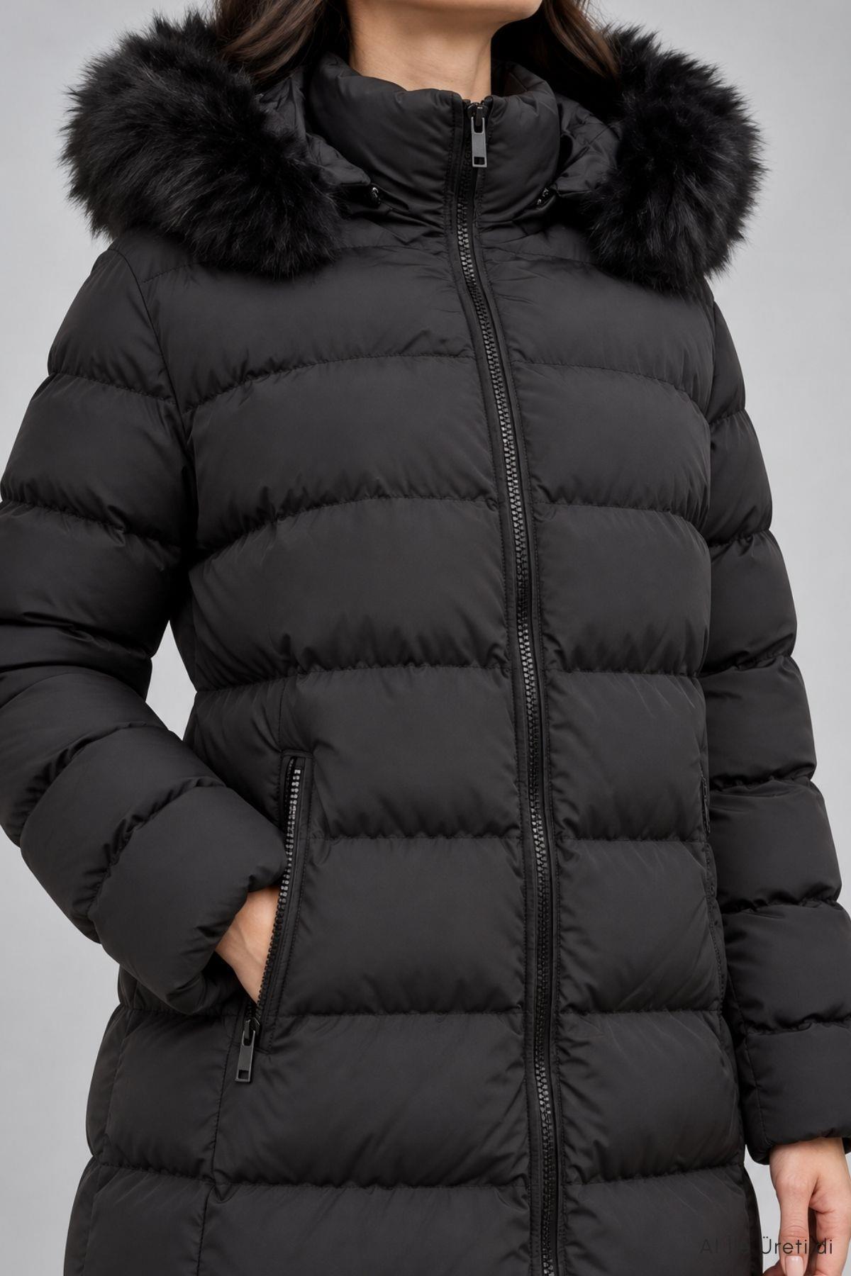 Kapüşonu Peluş Cepli Uzun Şişme Mont 3509 Siyah - Rays