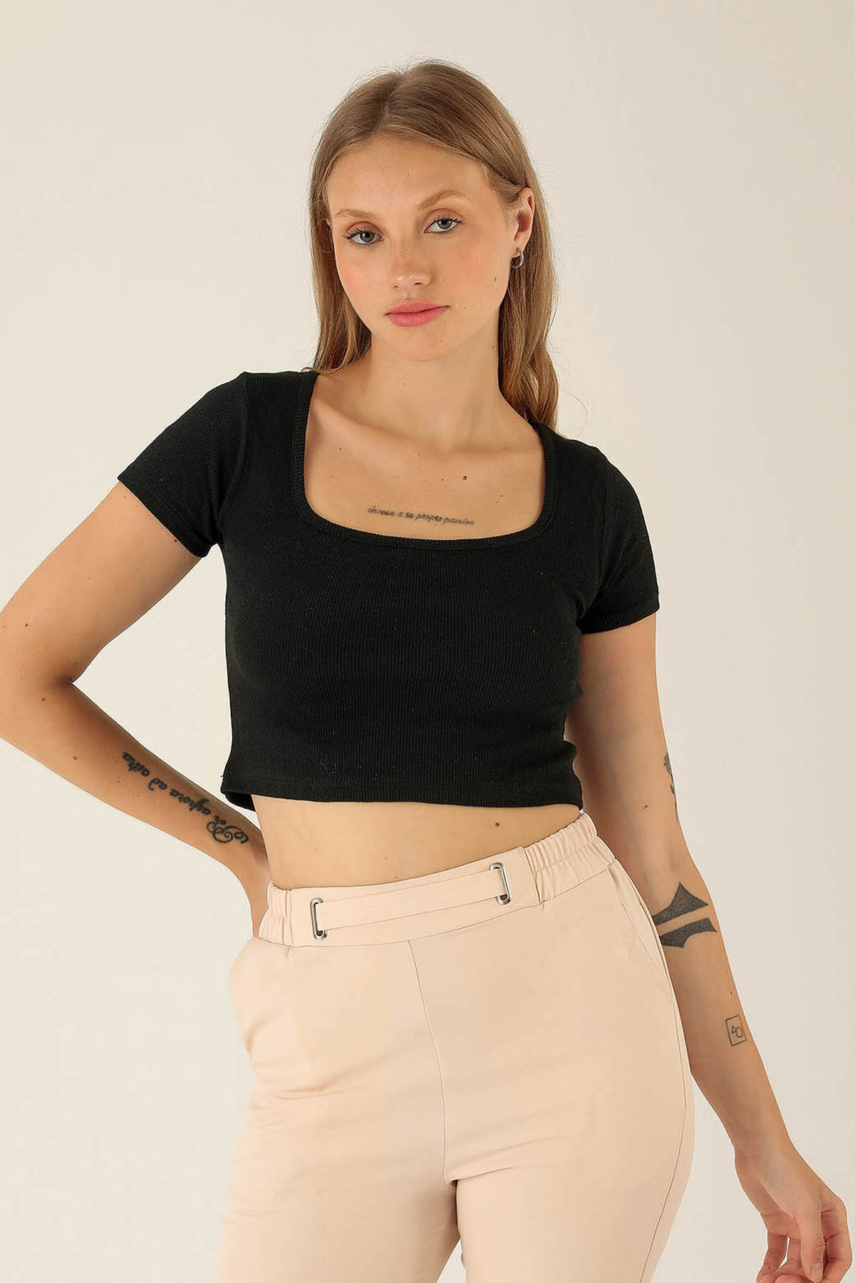 Kare Yaka Bayan Bluz - 1847-1 Siyah 