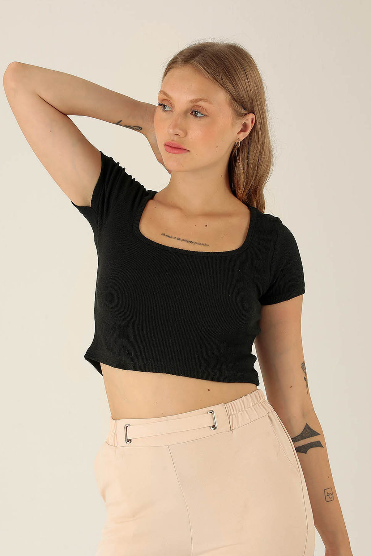 Kare Yaka Bayan Bluz - 1847-1 Siyah - 2