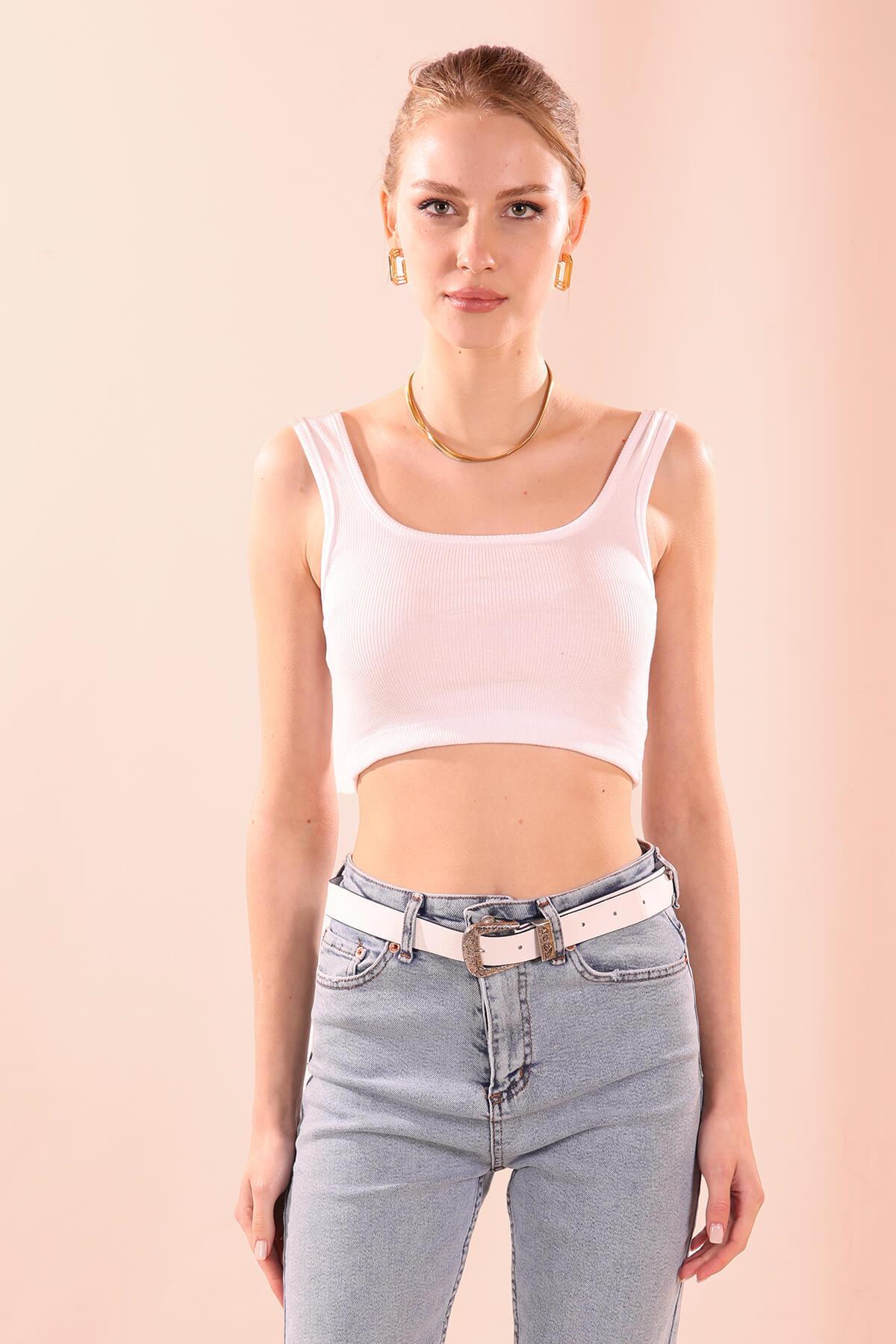 Kare Yaka Kısa Bayan Atlet - 1098 Beyaz - 2