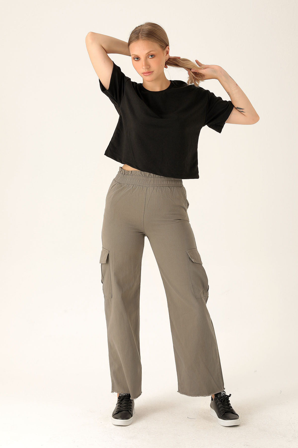 Kargo Cep Palazzo Bayan Pantolon - 3003 Olive Yeşili - 1