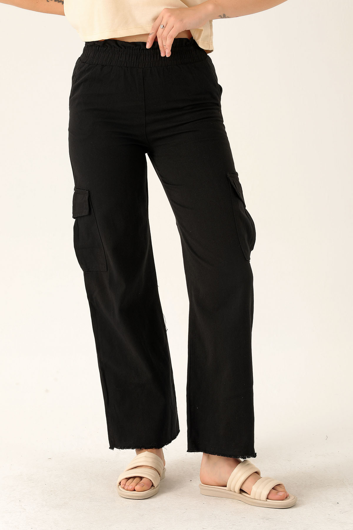Kargo Cep Palazzo Bayan Pantolon - 3003 Siyah - 4