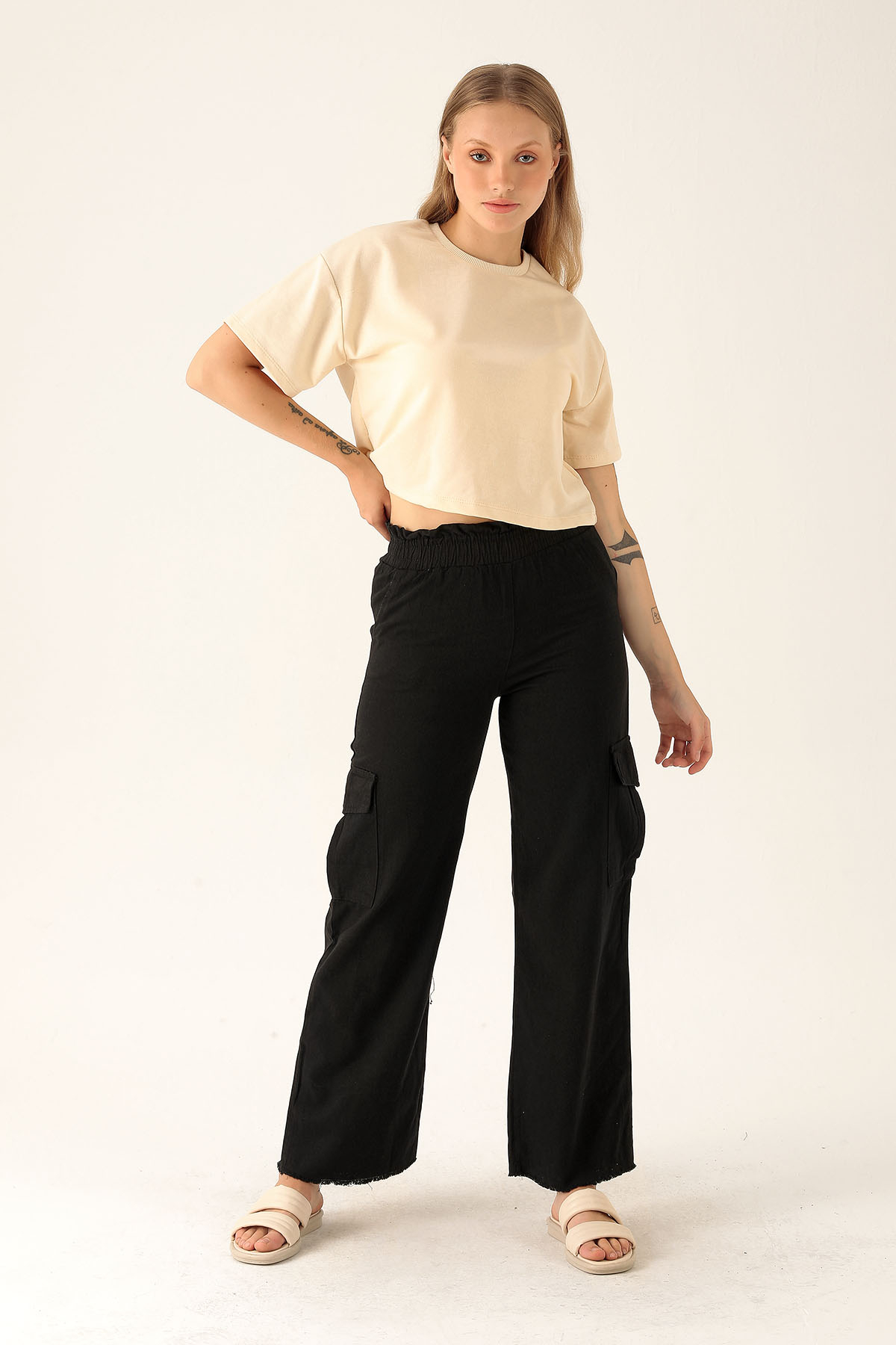 Kargo Cep Palazzo Bayan Pantolon - 3003 Siyah 