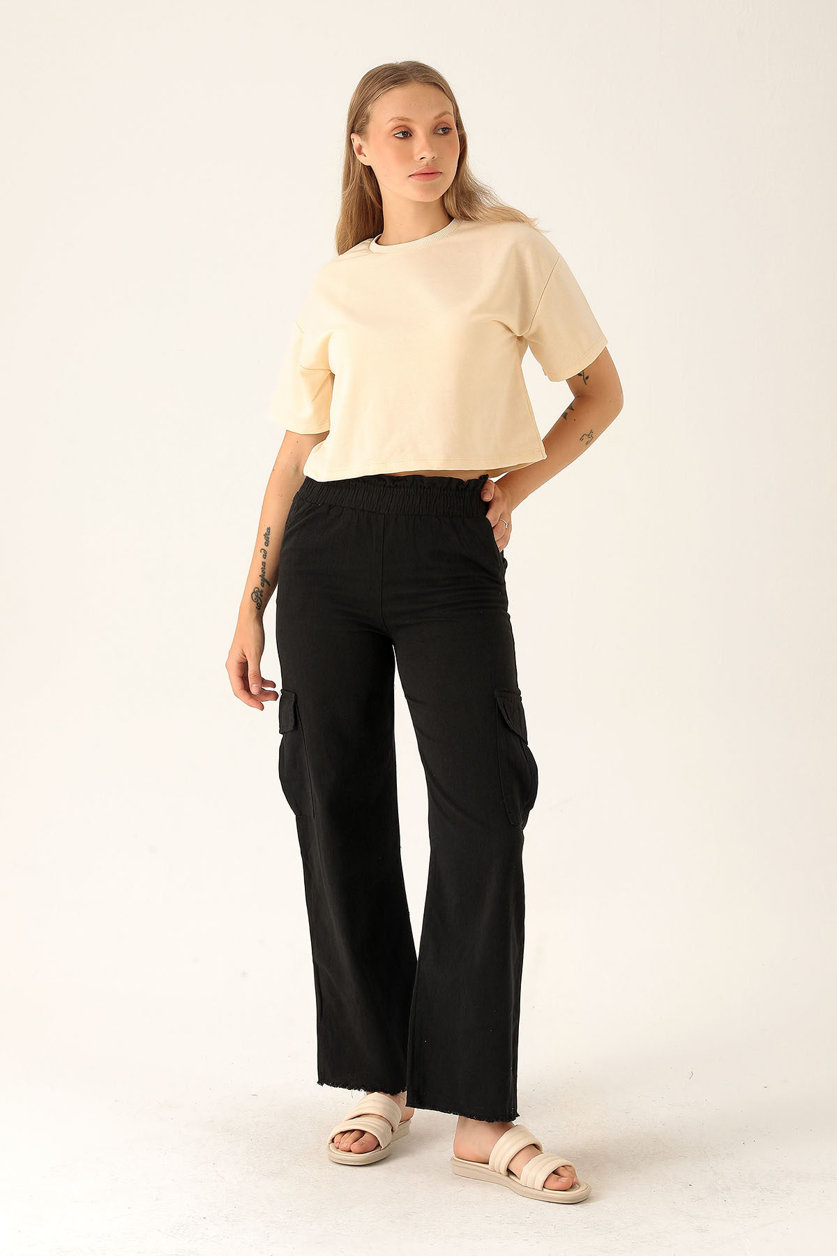 Kargo Cep Palazzo Bayan Pantolon - 3003 Siyah - 2