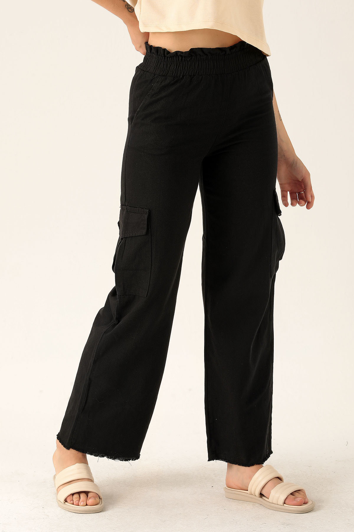 Kargo Cep Palazzo Bayan Pantolon - 3003 Siyah - 3