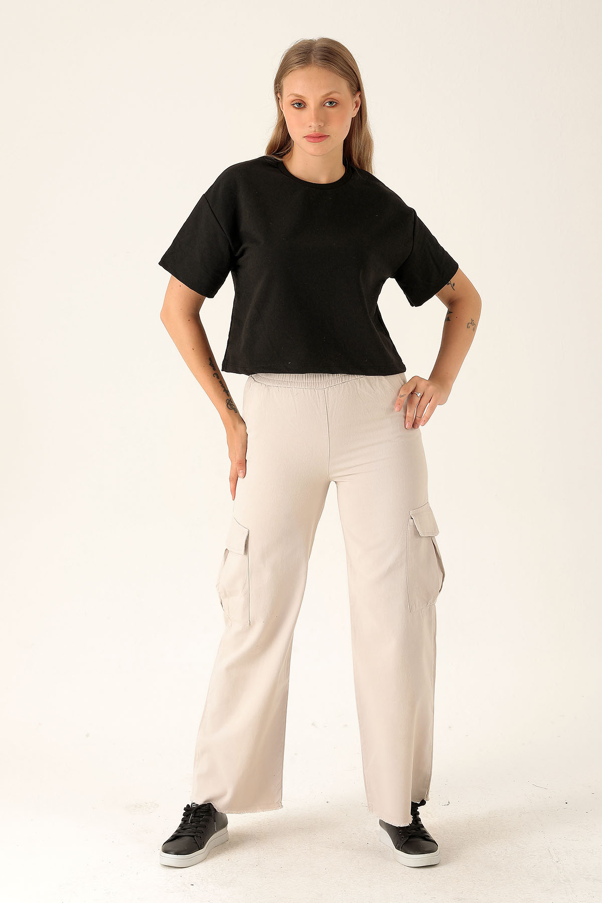 Kargo Cep Palazzo Bayan Pantolon - 3003 Taş - 1