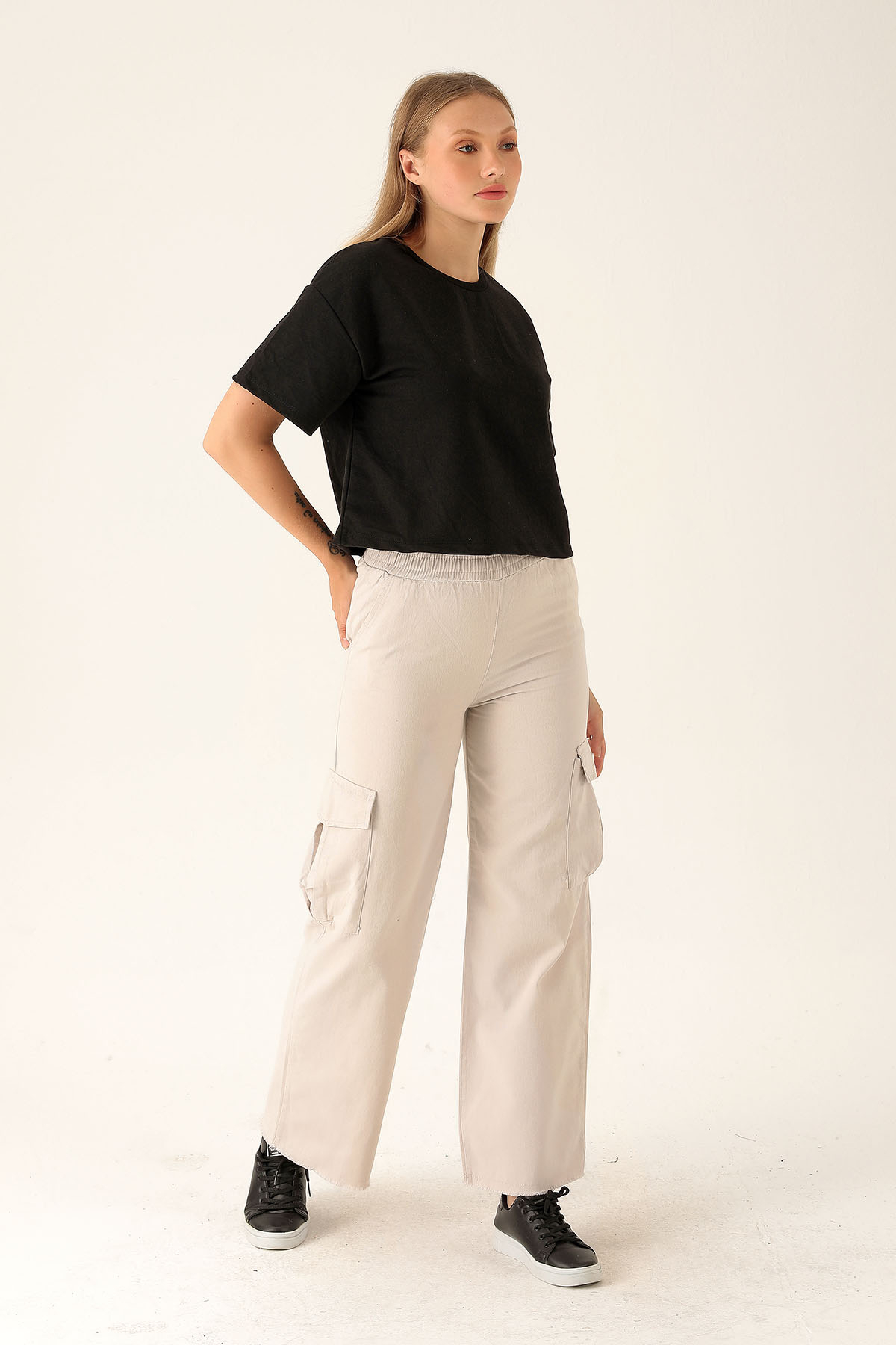 Kargo Cep Palazzo Bayan Pantolon - 3003 Taş - 2