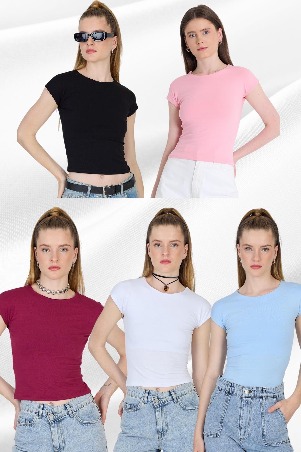 Renkli 5'li Bisiklet Yaka Pamuklu Slim Fit Tişört 9190 - 1