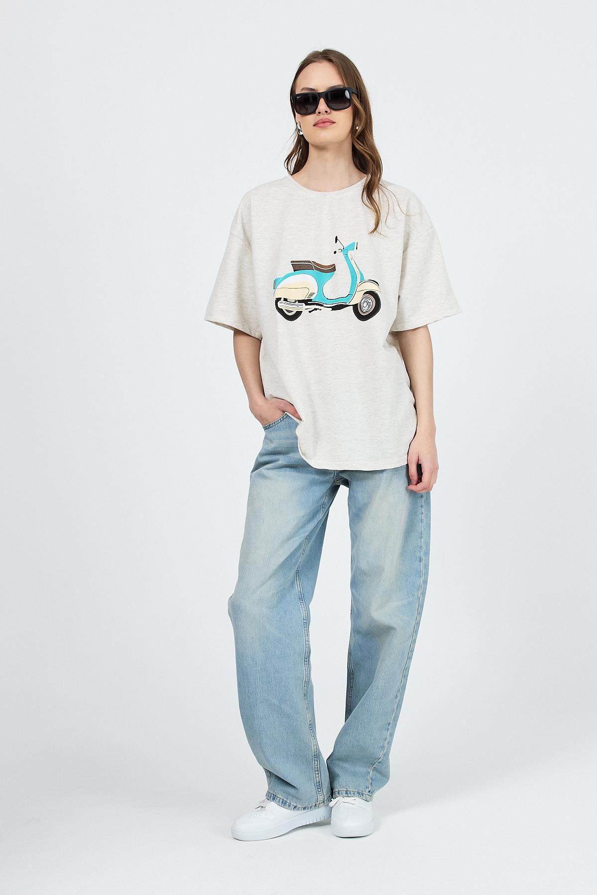 Karmelanj Bisiklet Yaka Motosiklet Baskı Detaylı Oversize Tişört 3098 - 2