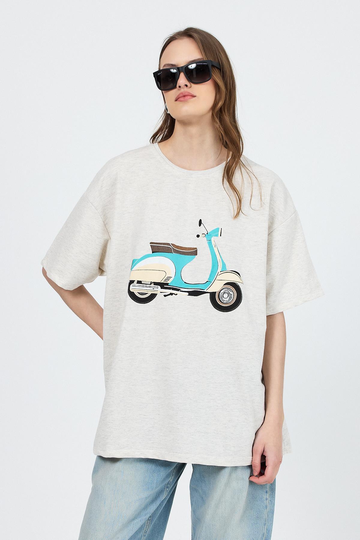 Karmelanj Bisiklet Yaka Motosiklet Baskı Detaylı Oversize Tişört 3098 - 1