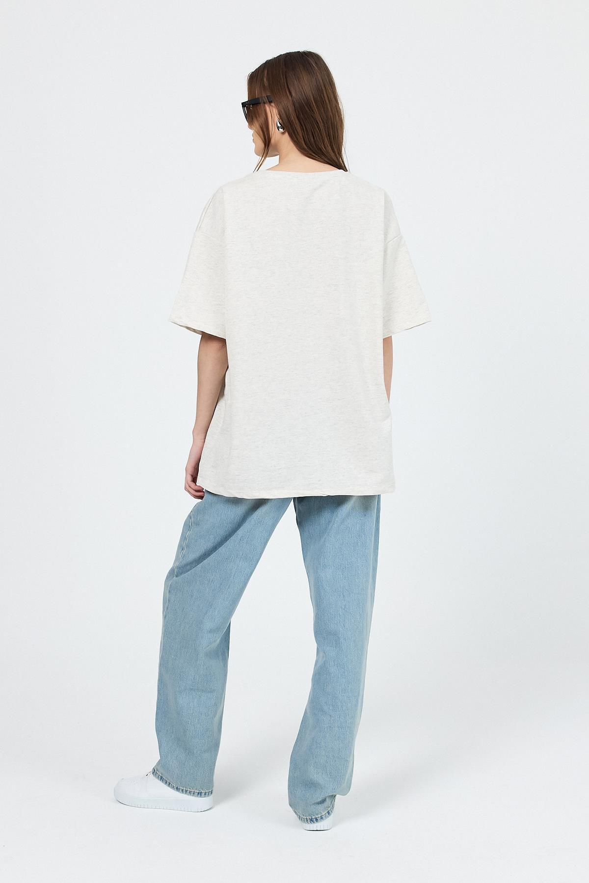 Karmelanj Bisiklet Yaka Motosiklet Baskı Detaylı Oversize Tişört 3098 - 5