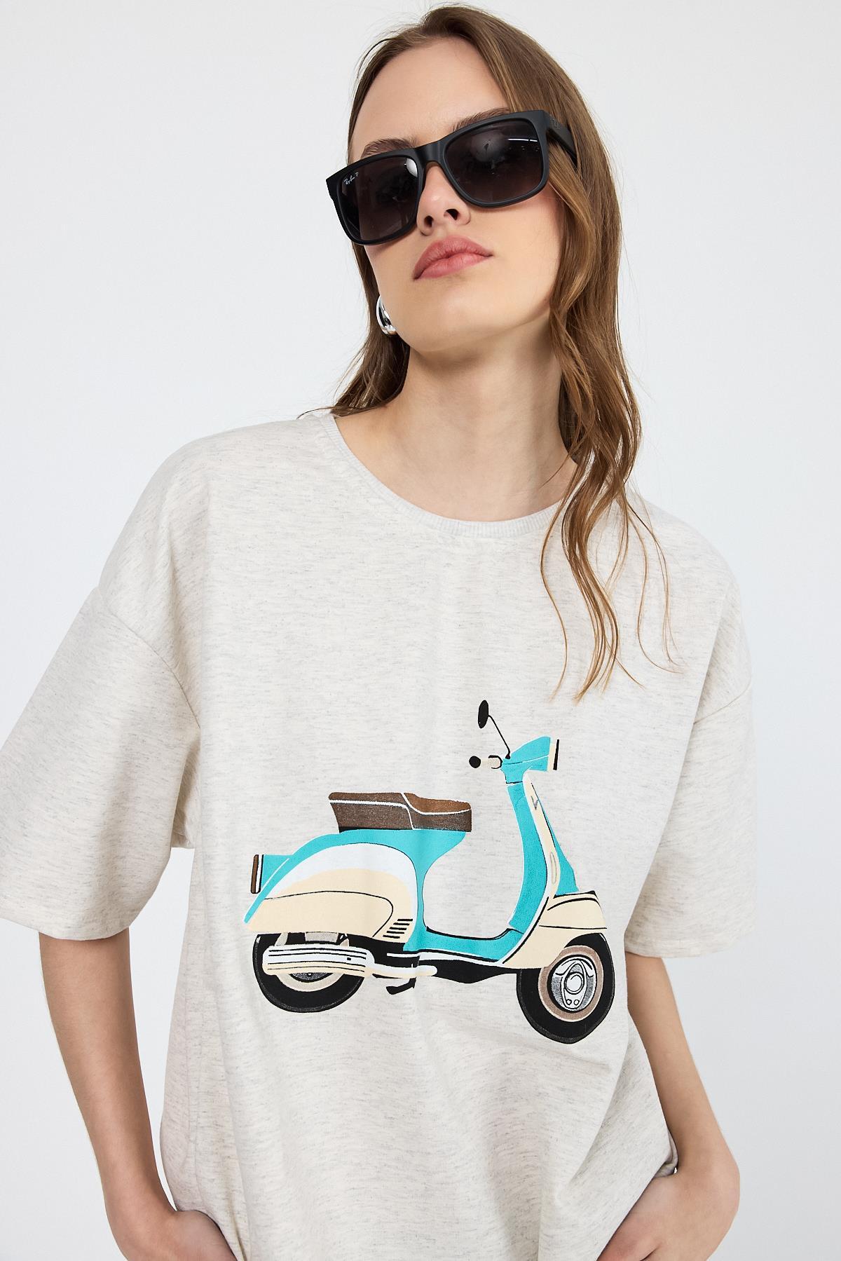 Karmelanj Bisiklet Yaka Motosiklet Baskı Detaylı Oversize Tişört 3098 - 4