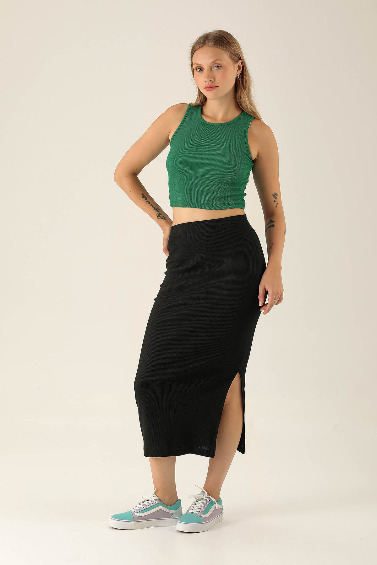 Kaşkorse Yırtmaçlı Etek - 1338 Siyah - 1