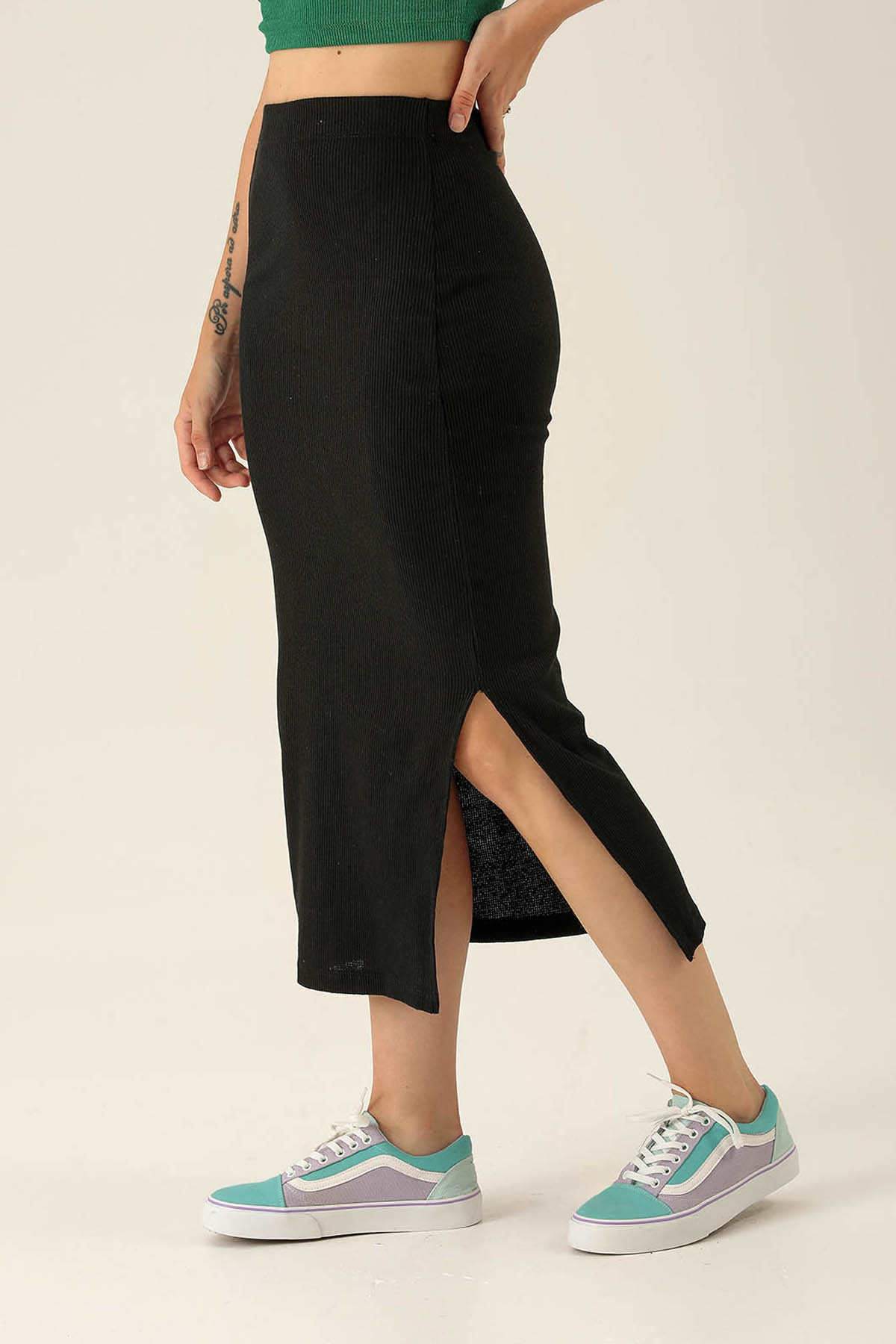 Kaşkorse Yırtmaçlı Etek - 1338 Siyah - 4