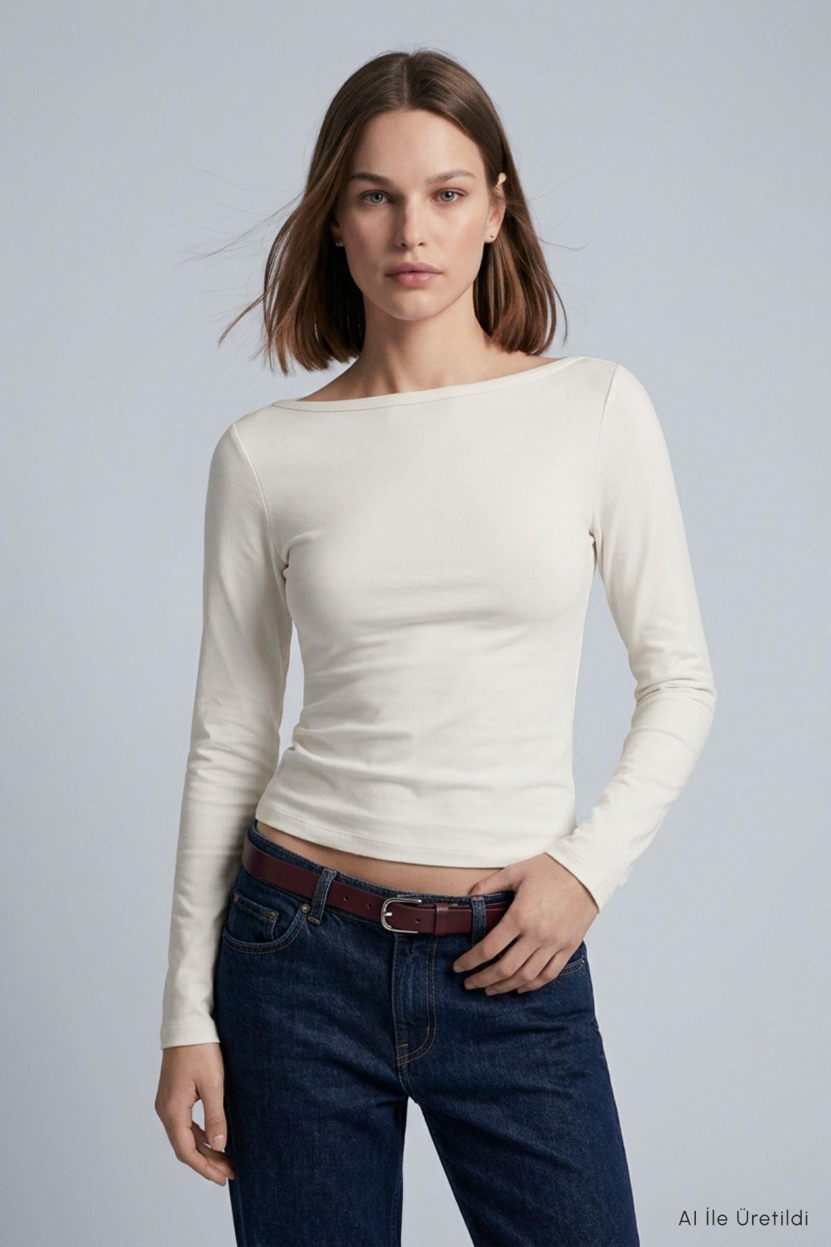 Kayık Yaka Basic Penye Body 744 Ekru - RAYS