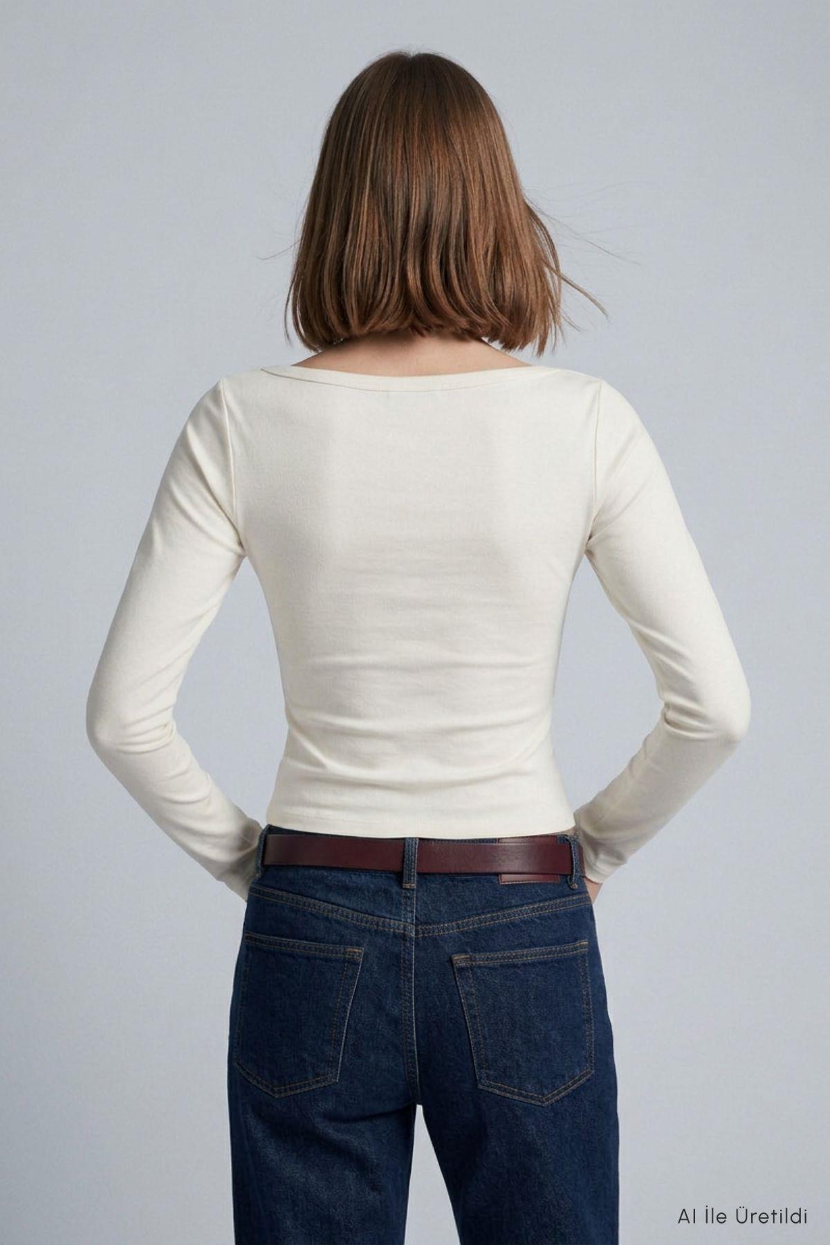 Kayık Yaka Basic Penye Body 744 Ekru - 4
