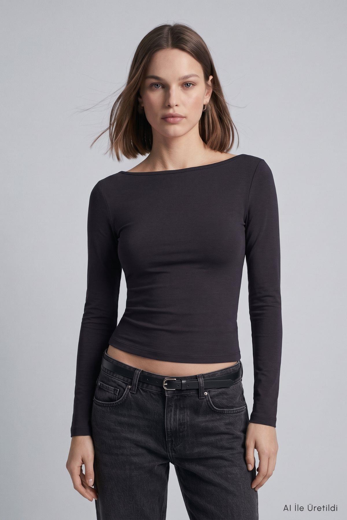 Kayık Yaka Basic Penye Body 744 Siyah - RAYS