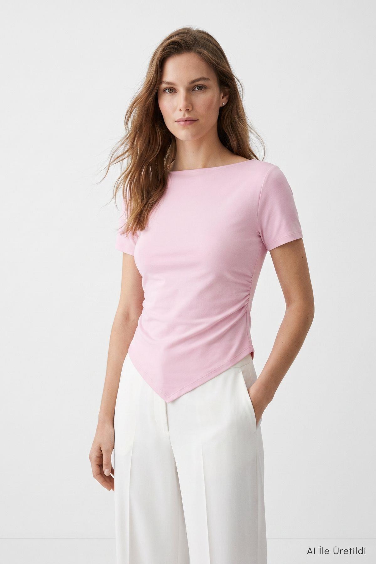 Kayık Yaka Yandan Büzgülü Kadın Bluz 0459 Pembe - 2