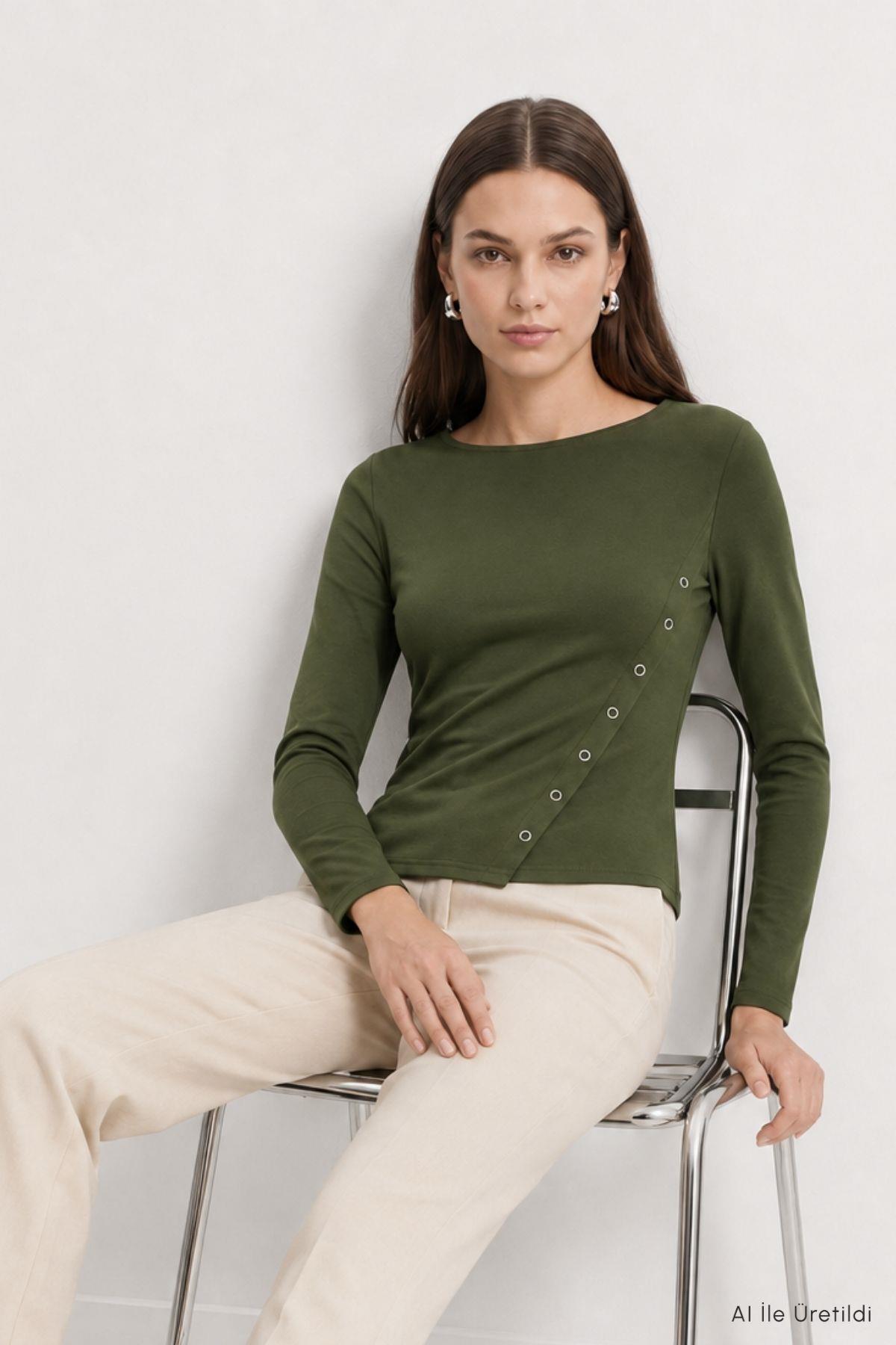 Kayık Yaka Yandan Çıtçıt Detaylı Body 8609A Haki - RAYS