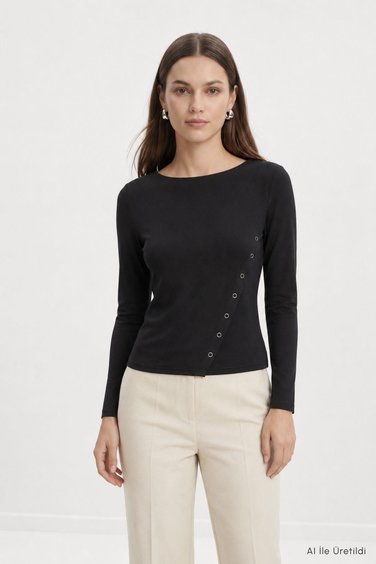 Kayık Yaka Yandan Çıtçıt Detaylı Body 8609A Siyah - RAYS