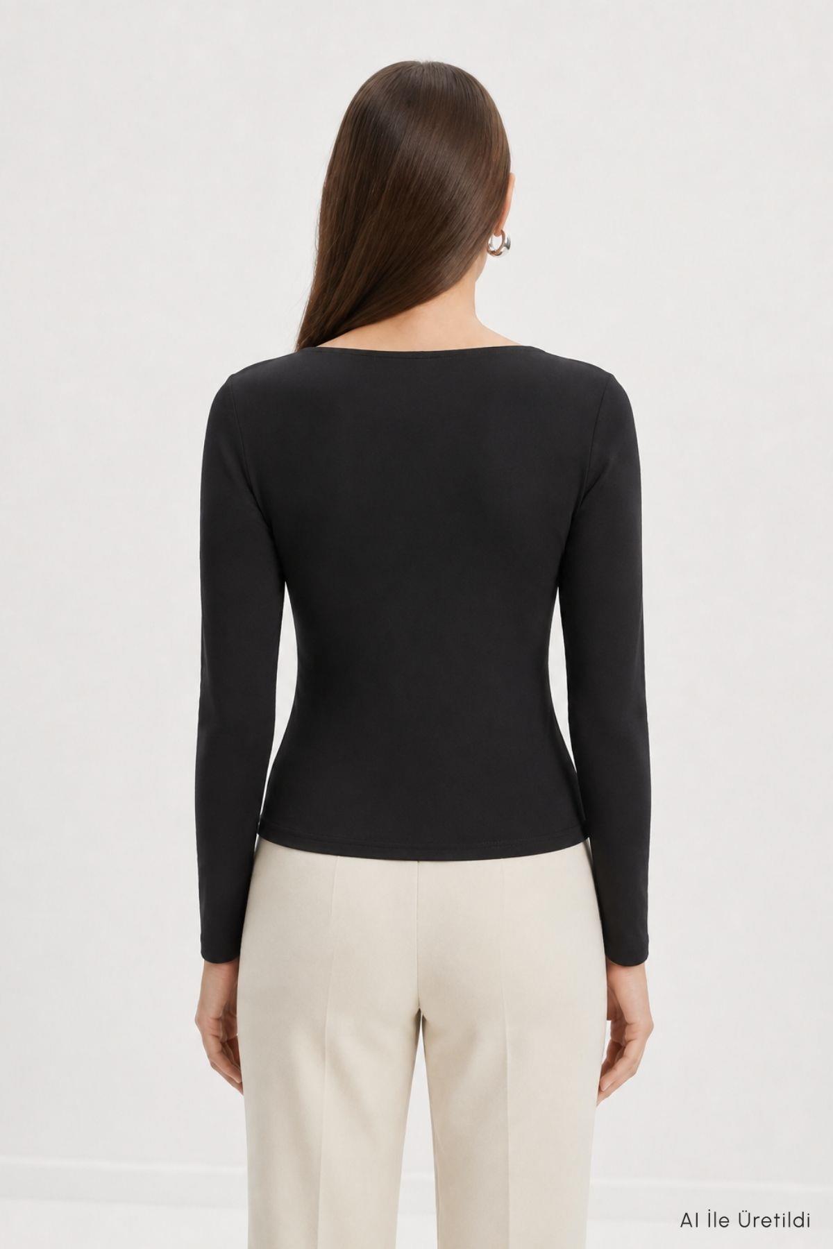 Kayık Yaka Yandan Çıtçıt Detaylı Body 8609A Siyah - 4