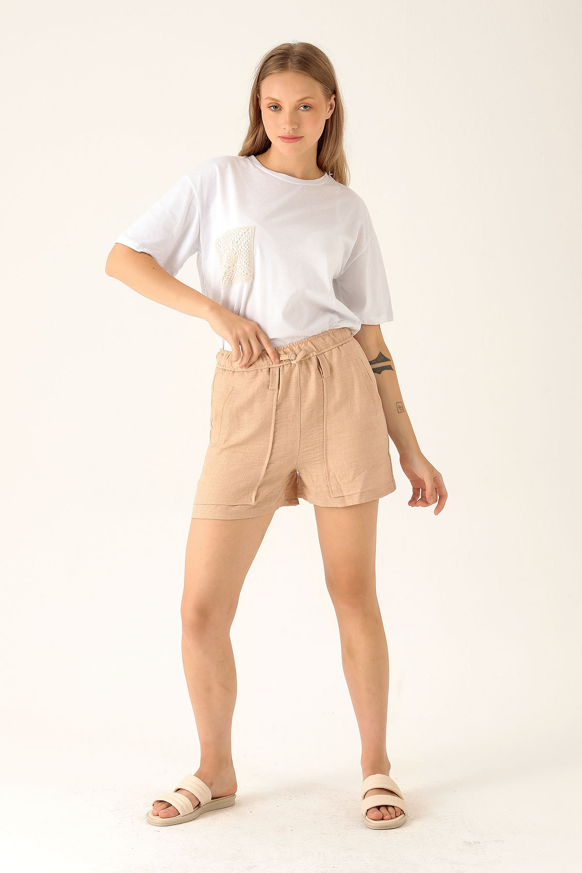 Keten Bayan Şort - 108 Bej - 1