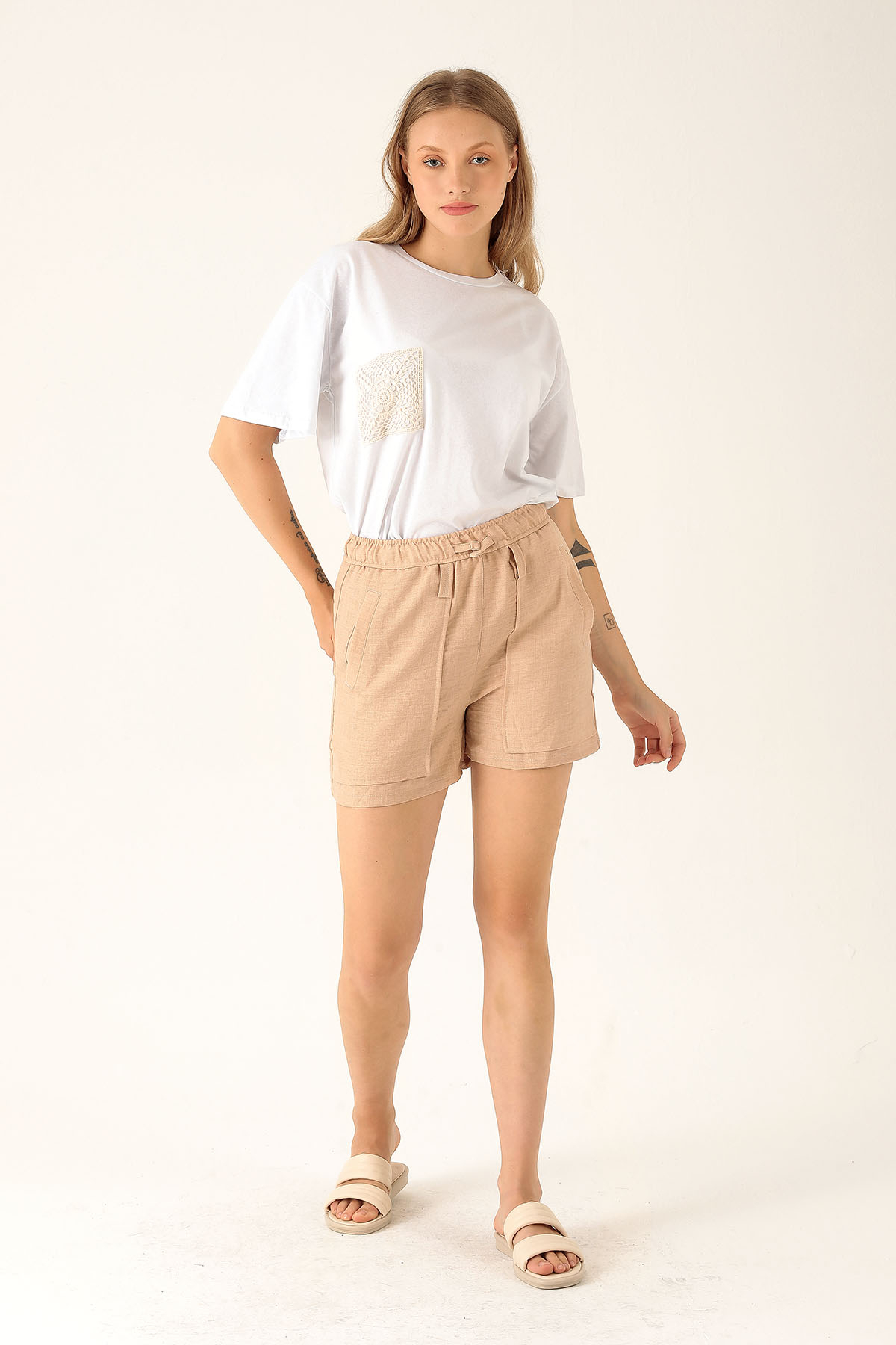 Keten Bayan Şort - 108 Bej - 2