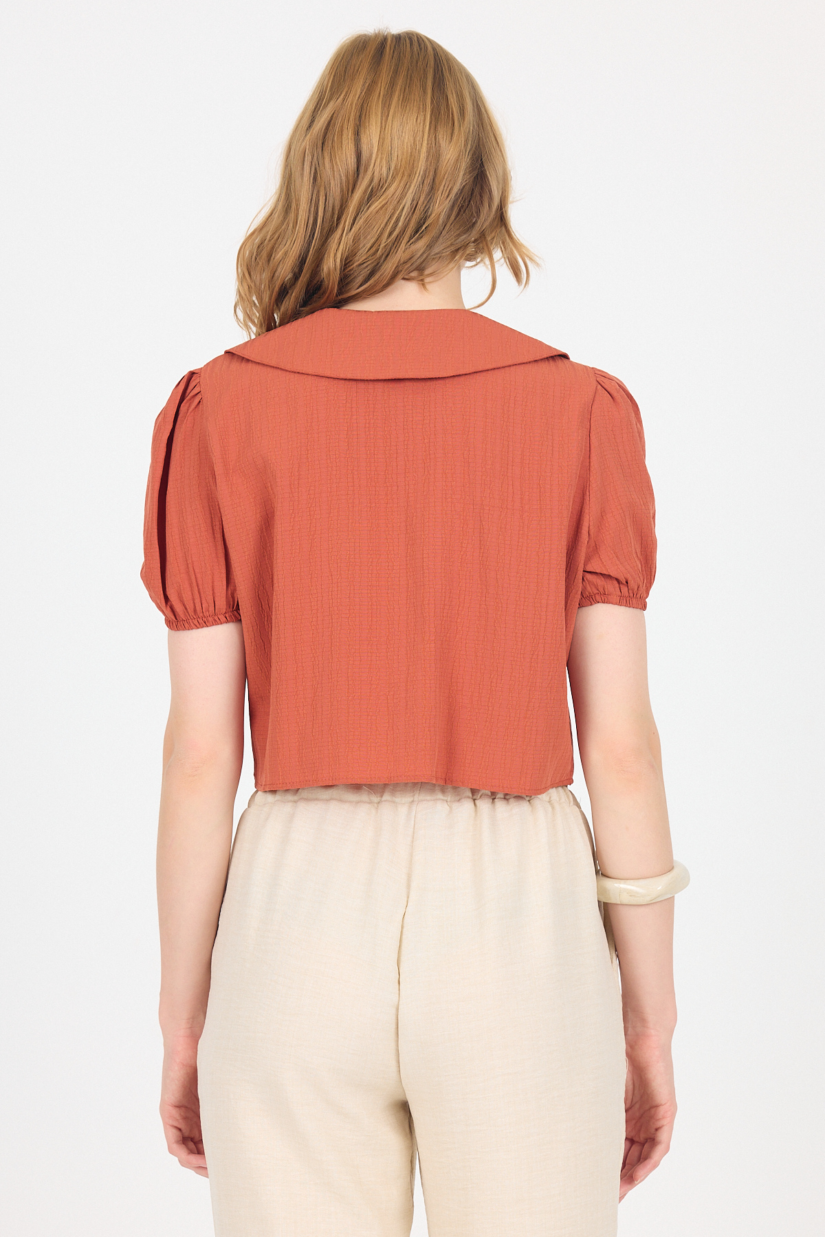 Kiremit Bağlama Detaylı Bebe Yaka Crop Bluz 8064 - 5