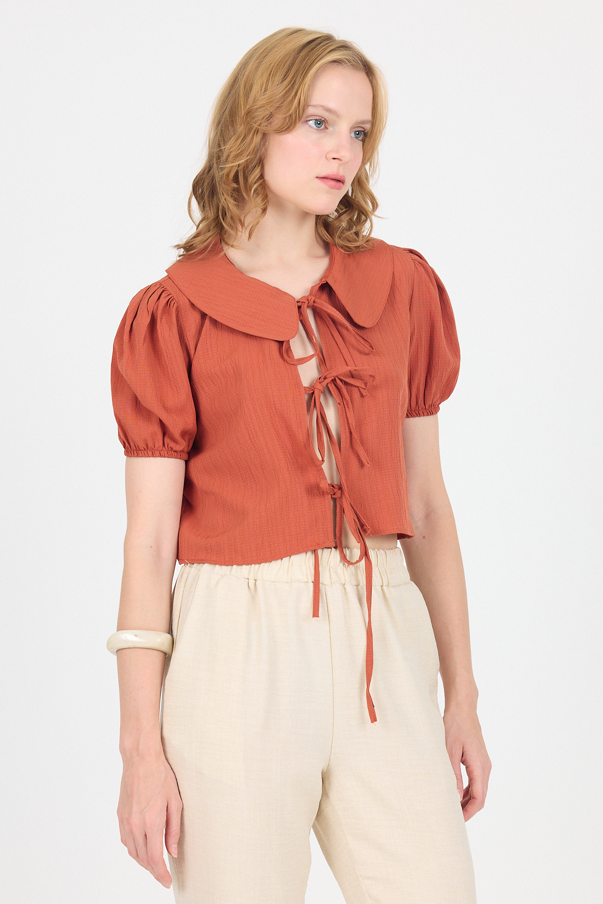 Kiremit Bağlama Detaylı Bebe Yaka Crop Bluz 8064 - 6