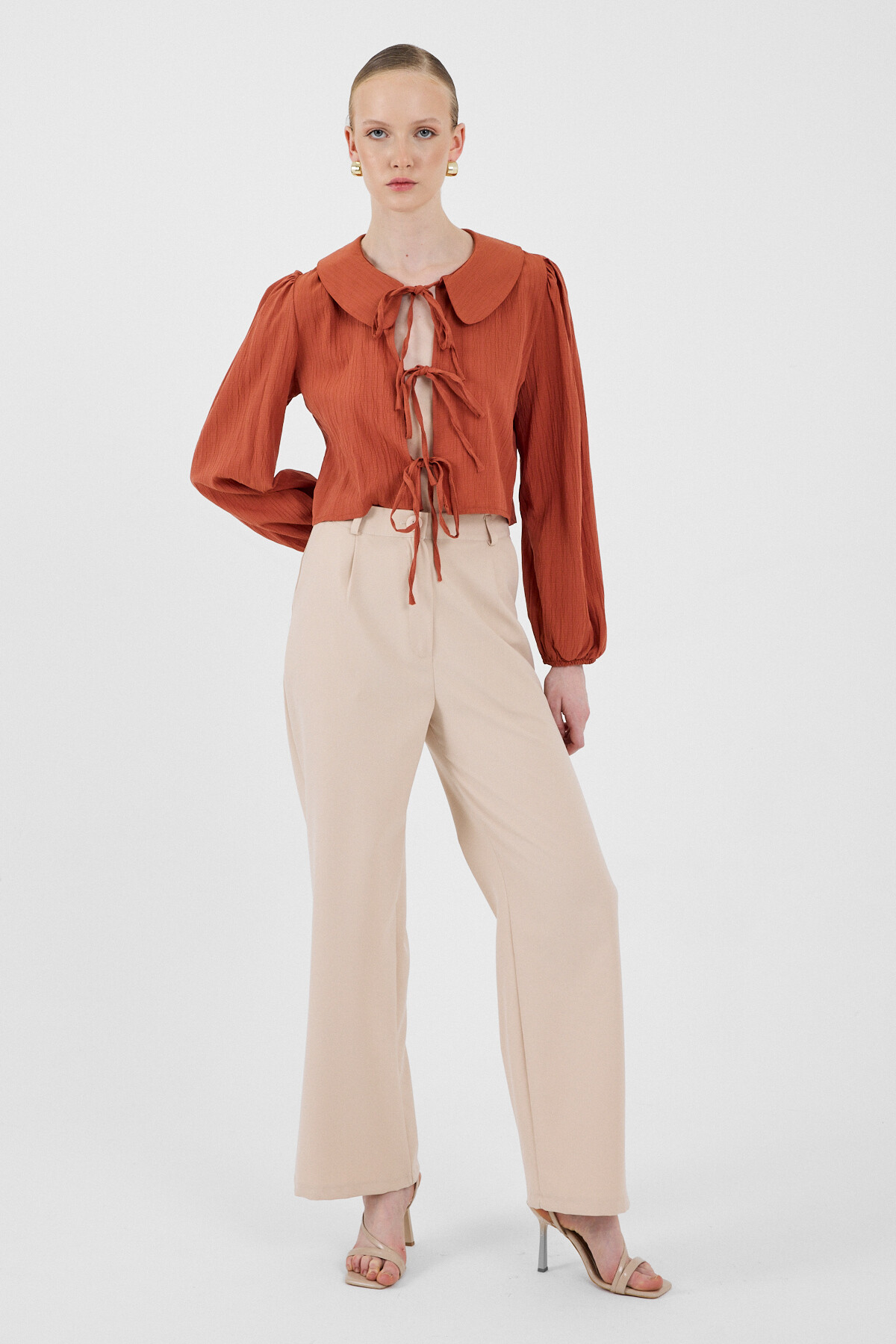 Kiremit Bağlama Detaylı Bebe Yaka Uzun Kollu Bluz 8020A - 3