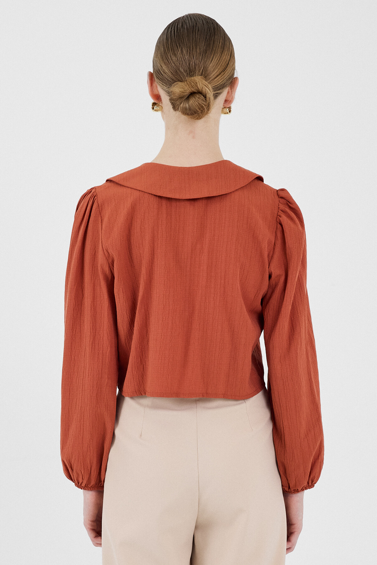 Kiremit Bağlama Detaylı Bebe Yaka Uzun Kollu Bluz 8020A - 5