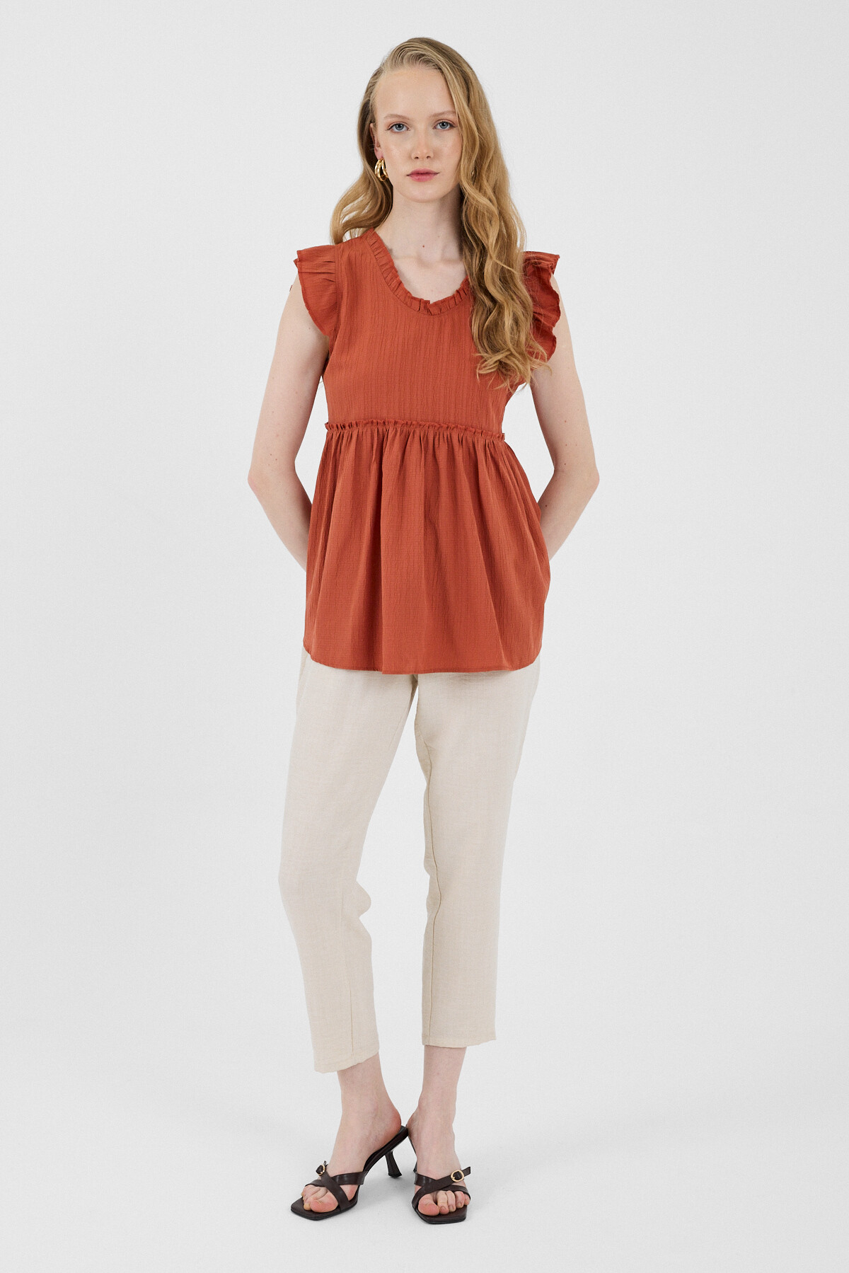 Kiremit Fırfır Kol Detaylı Bluz 8053A - RAYS