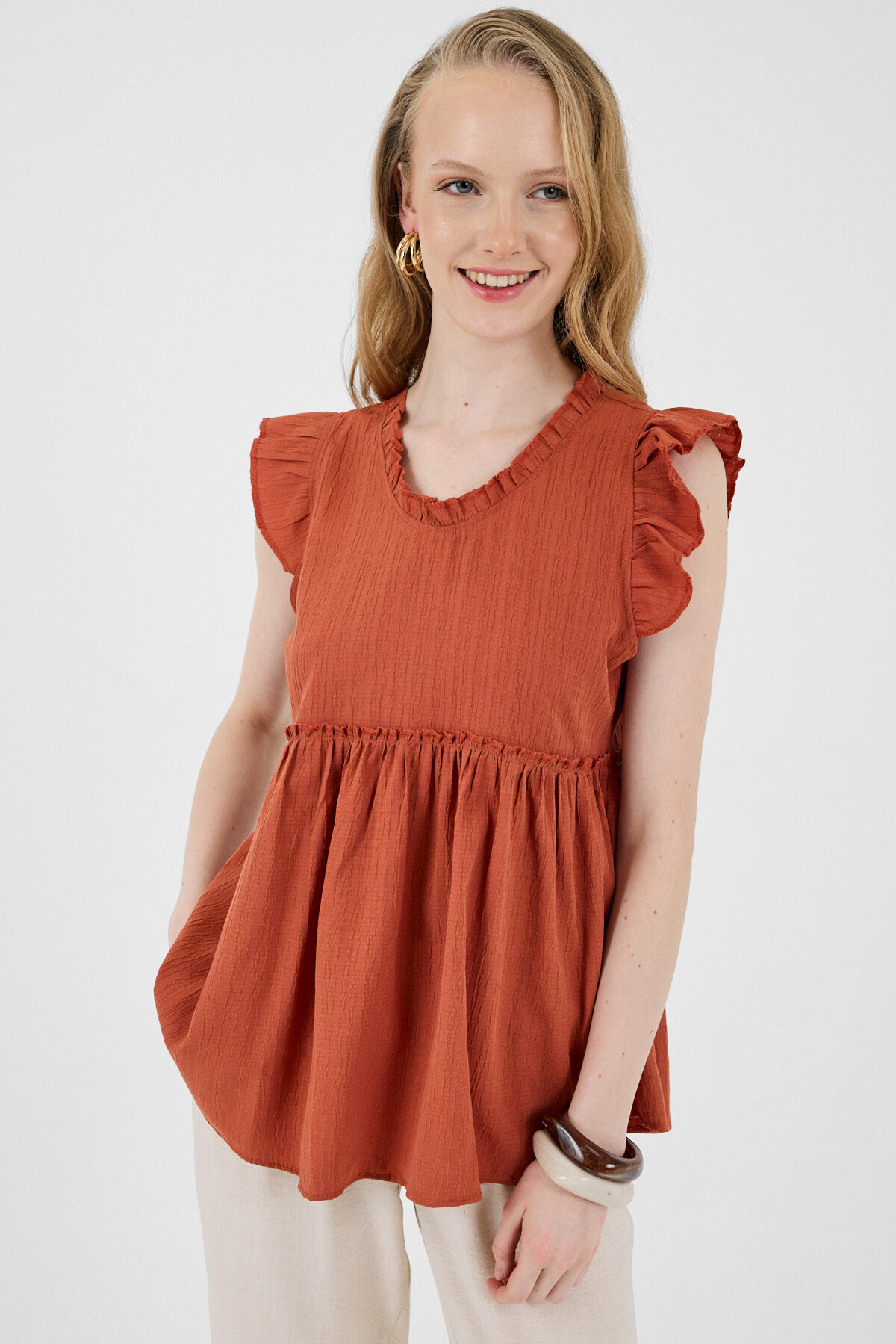 Kiremit Fırfır Kol Detaylı Bluz 8053A - 1