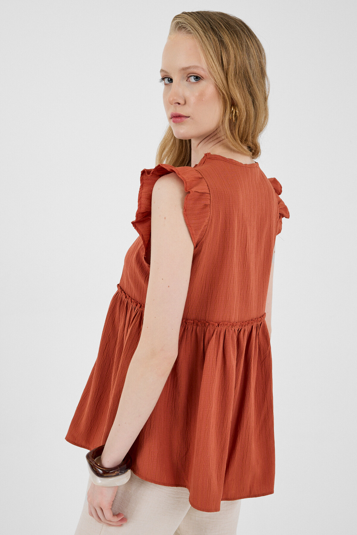 Kiremit Fırfır Kol Detaylı Bluz 8053A - 5